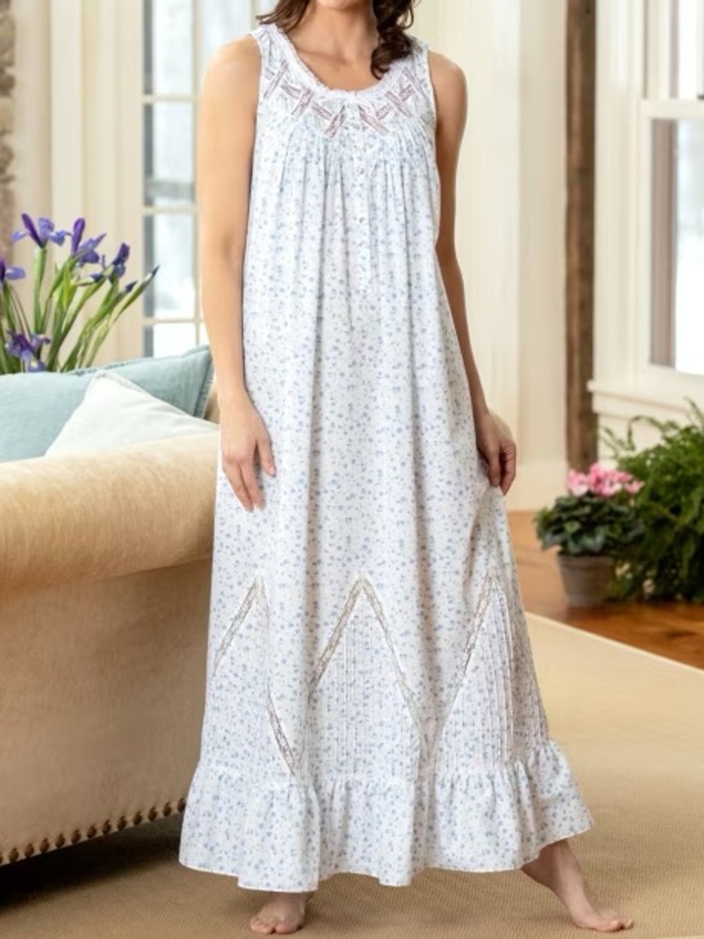 Eileen West Moonlight Sonata Long Cotton Nightgown Blue Floral Size P4X Romantic